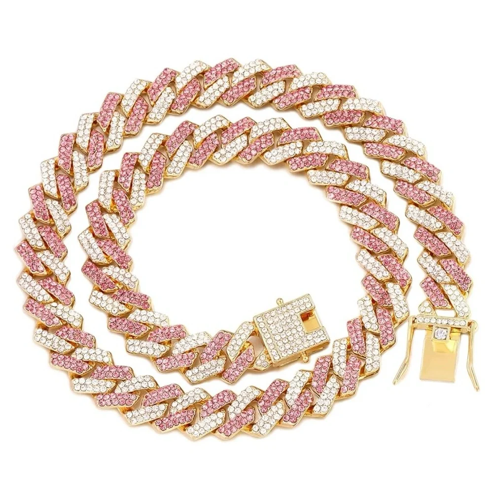 Pink Gold Diamond Bling Cuban Chain Dog Necklace 20 inches